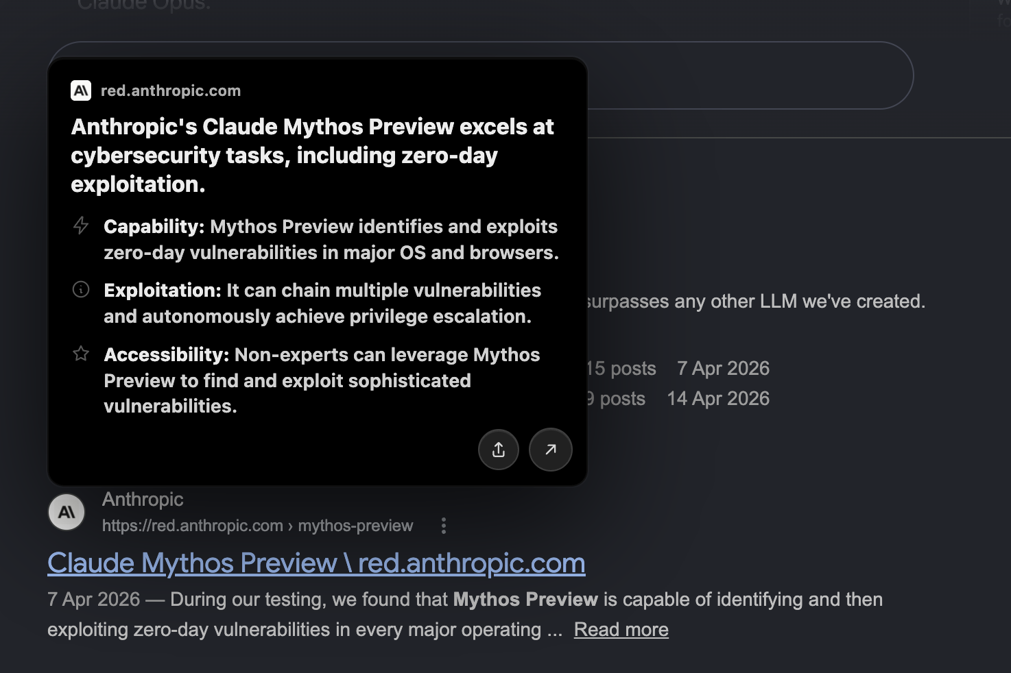 Arcks preview card on Anthropic Claude Mythos Preview result