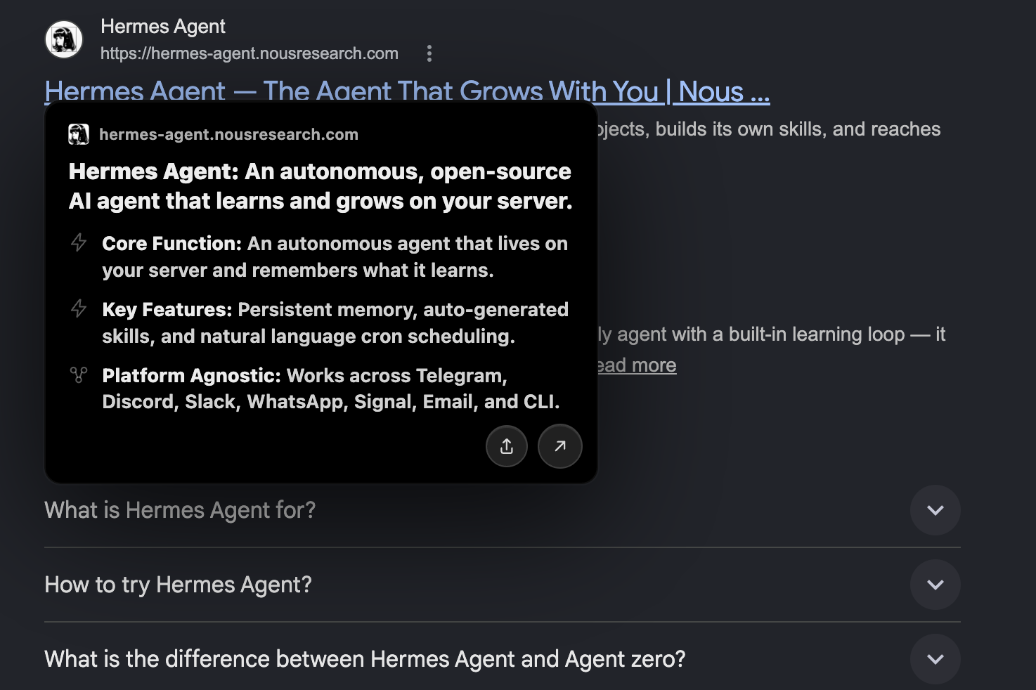 Arcks preview card on a Hermes Agent search result