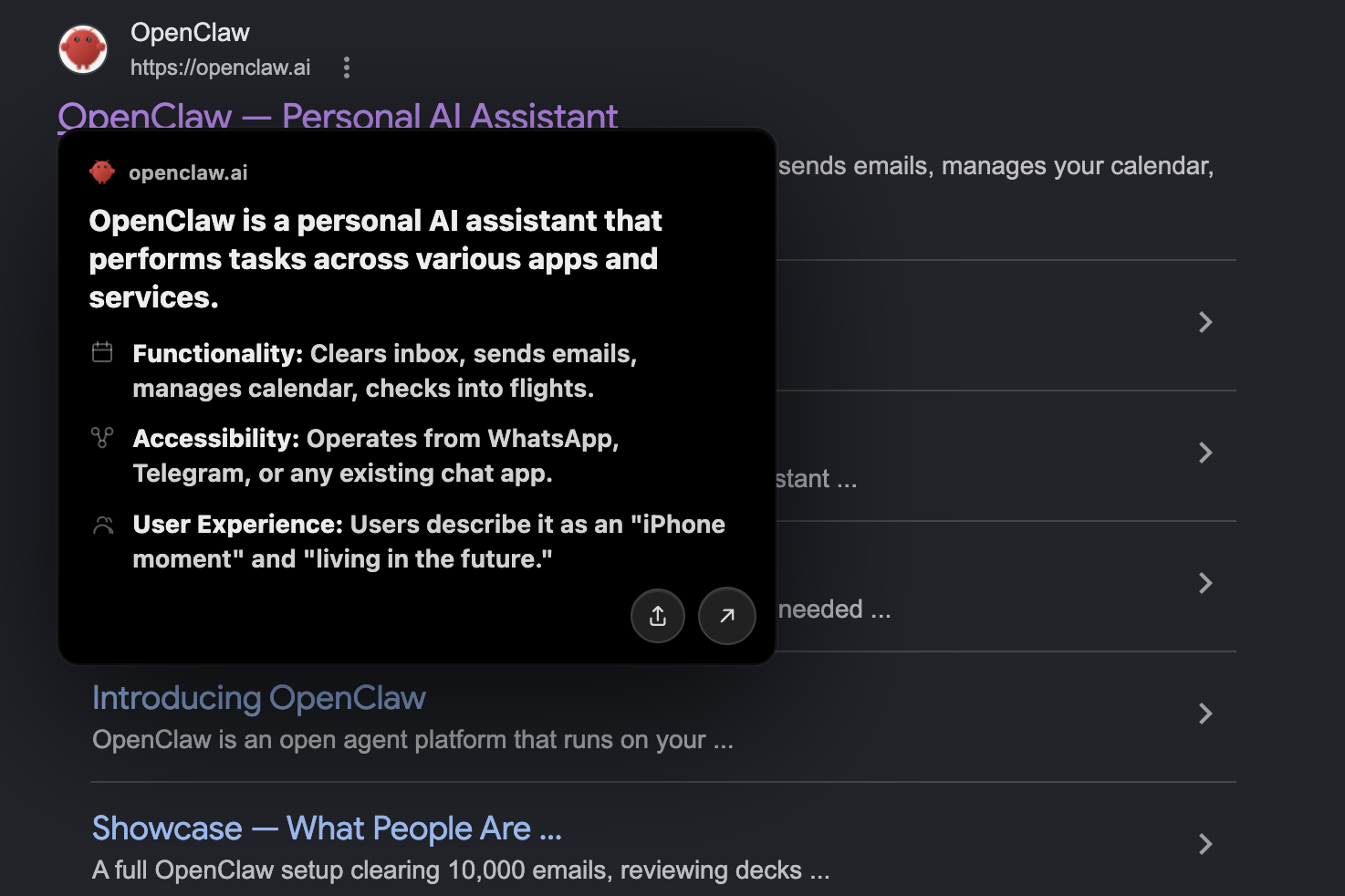 Arcks preview card on an OpenClaw Google Search result