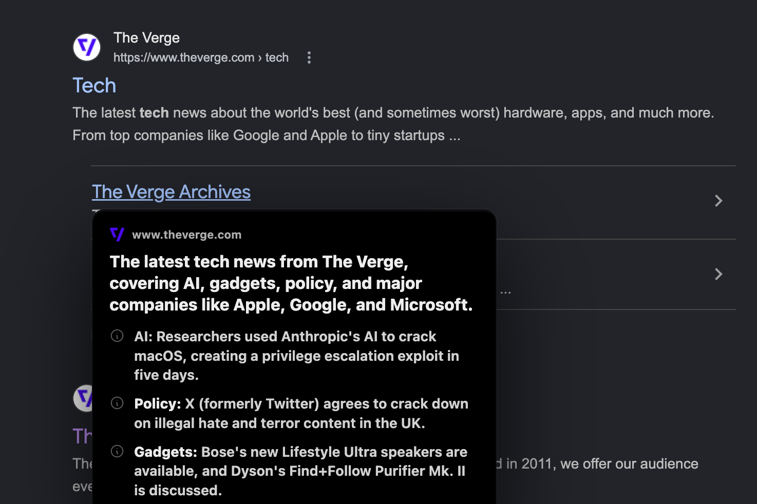 Arcks preview card on The Verge archives result